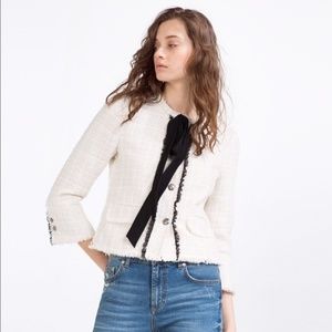 Zara White Tweed Black Bow Jacket Sz M